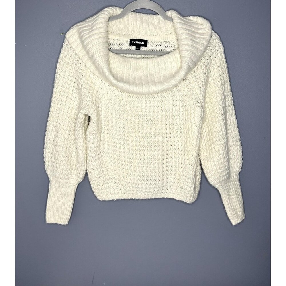Express Sweater Womens XS White Cowl Neck Chunky Knit Soft Balloon Bishop Sleeve